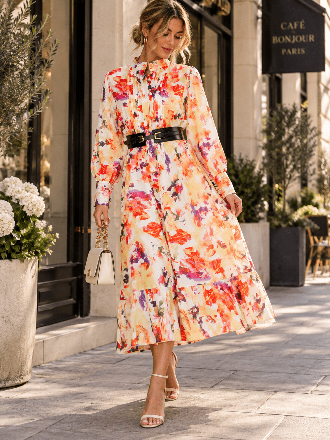 WOMEN'S LONG SLEEVE BUTTON UP BRLTED FLORAL MAXI DRESS