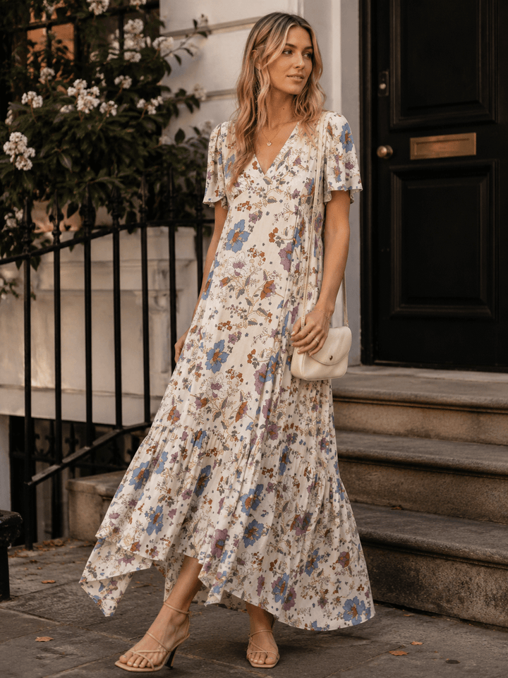 WOMEN'S SHORT SLEEVE V-NECK SELF TIE FLORAL PRINT MAXI DRESS