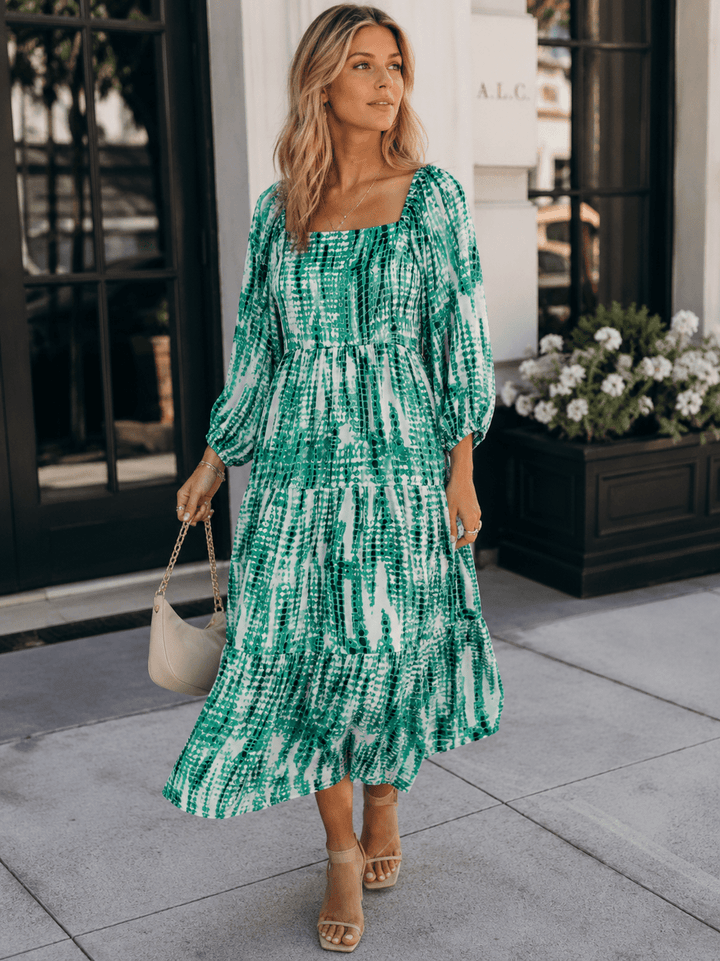WOMEN'S 3/4 SLEEVES SQUARE NECK SMOCK ANIMAL PRINT MAXI DRESS
