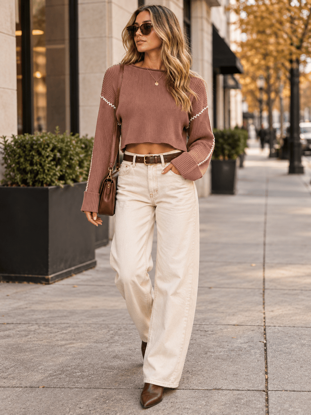 WOMEN'S LONG SLEEVE RIBBED PULLOVER CROP SWEATER