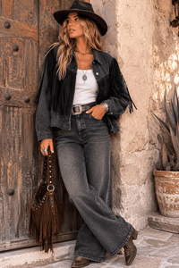 WOMEN'S LONG SLEEVE BUTTON UP POCKETS DENIM FRINGE JACKET