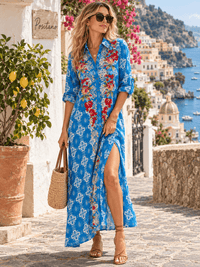 WOMEN'S LONG SLEEVE BUTTON UP SLIT FLORAL EMBROIDERY POCKETS MULTI PRINT MAXI DRESS