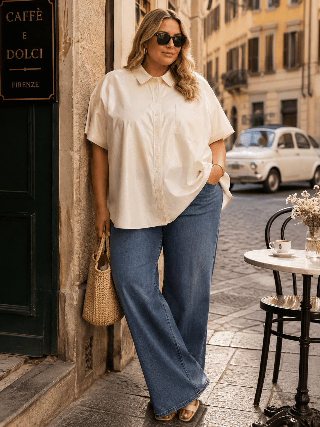 ENTRO PLUS SIZE SHORT SLEEVE BUTTON UP FRONT POCKET PU CONTRAST BLOUSE