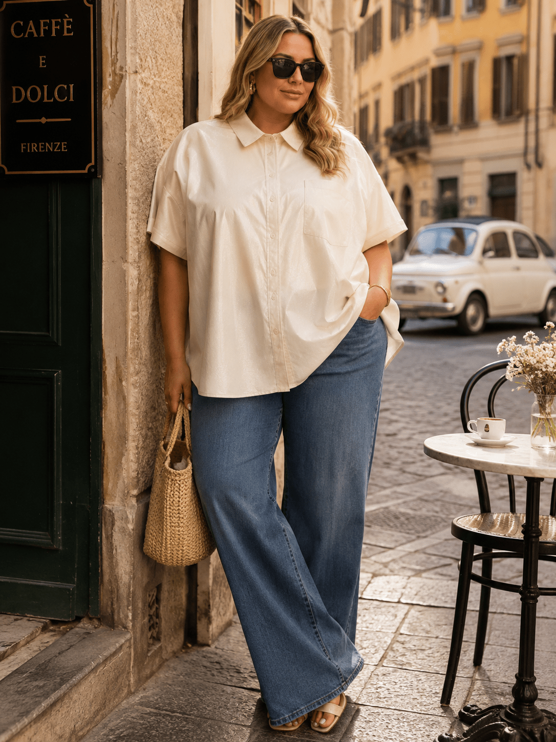 ENTRO PLUS SIZE SHORT SLEEVE BUTTON UP FRONT POCKET PU CONTRAST BLOUSE