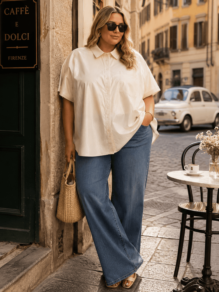 ENTRO PLUS SIZE SHORT SLEEVE BUTTON UP FRONT POCKET PU CONTRAST BLOUSE