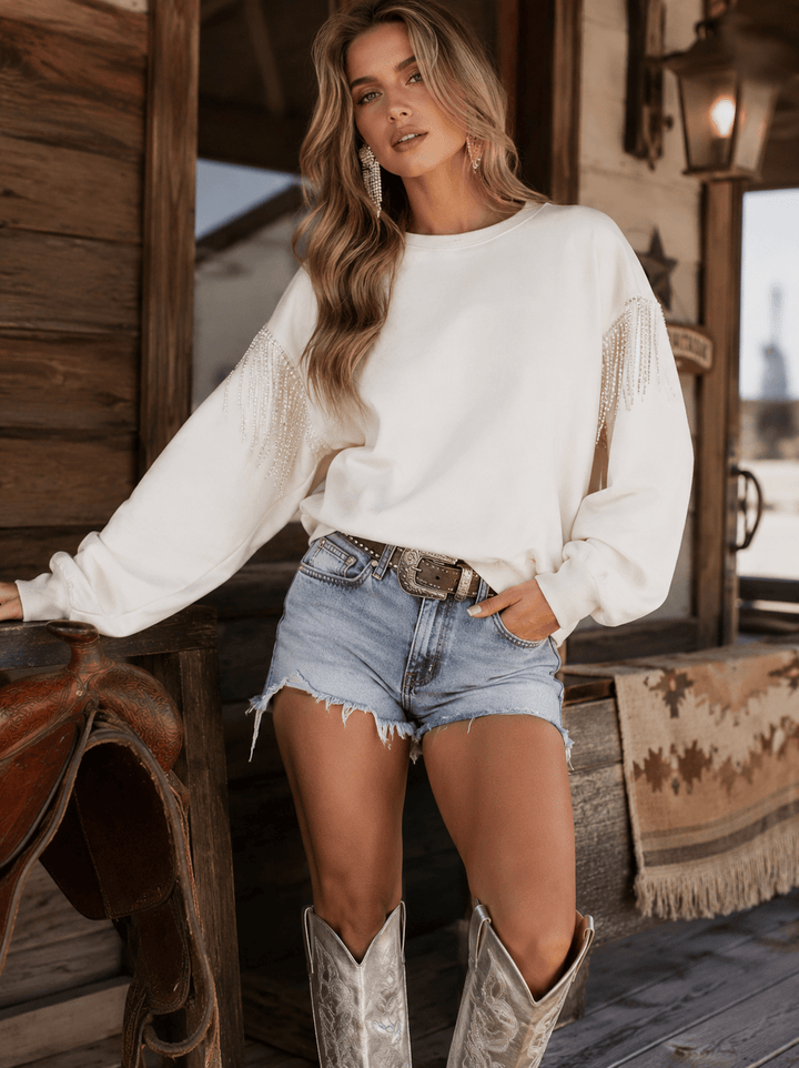 WOMEN'S LONG SLEEVE FRINGE RHINESTONES DETAILED PULLOVER SWEATER