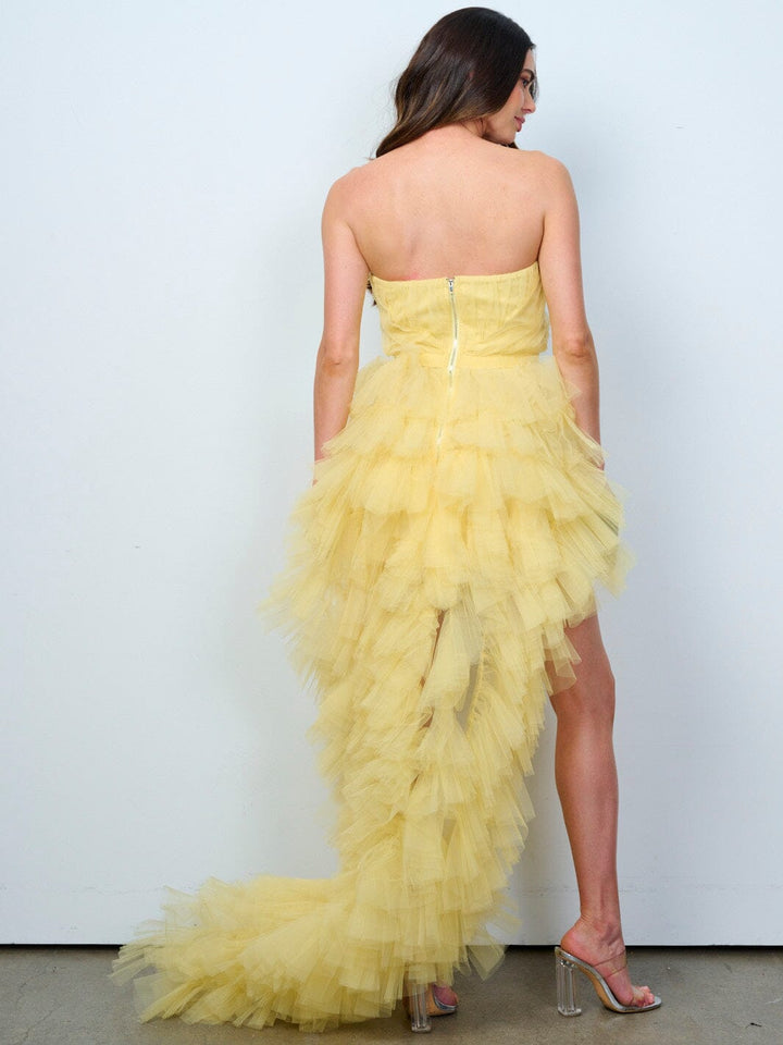 WOMEN'S SLEEVELESS SURPLICE TIERED RUFFLE HIGH-LOW MINI DRESS