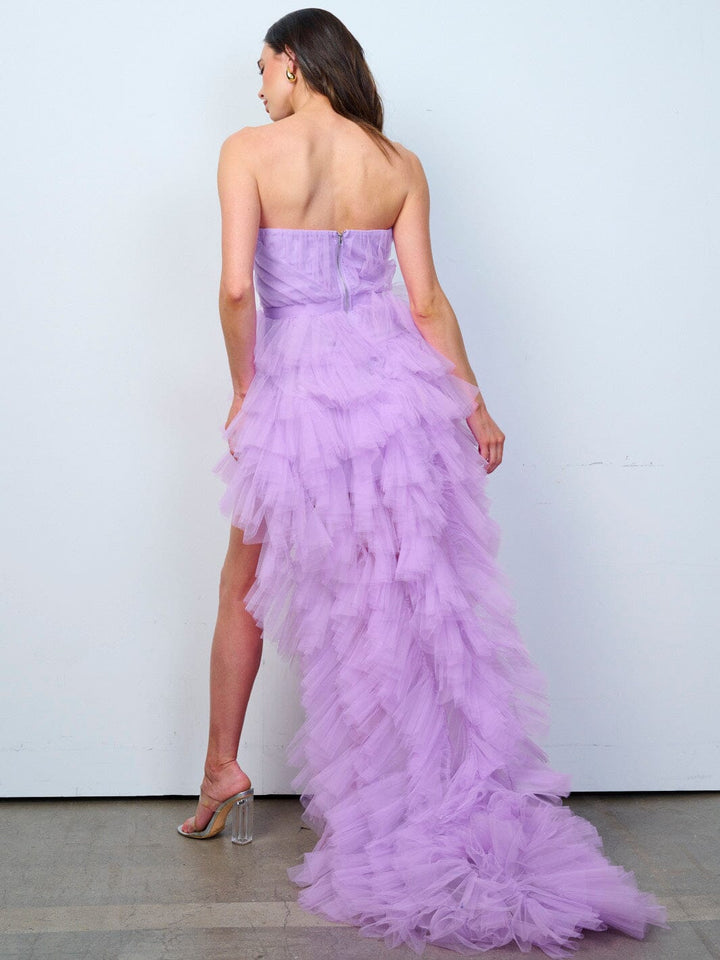 WOMEN'S SLEEVELESS SURPLICE TIERED RUFFLE HIGH-LOW MINI DRESS