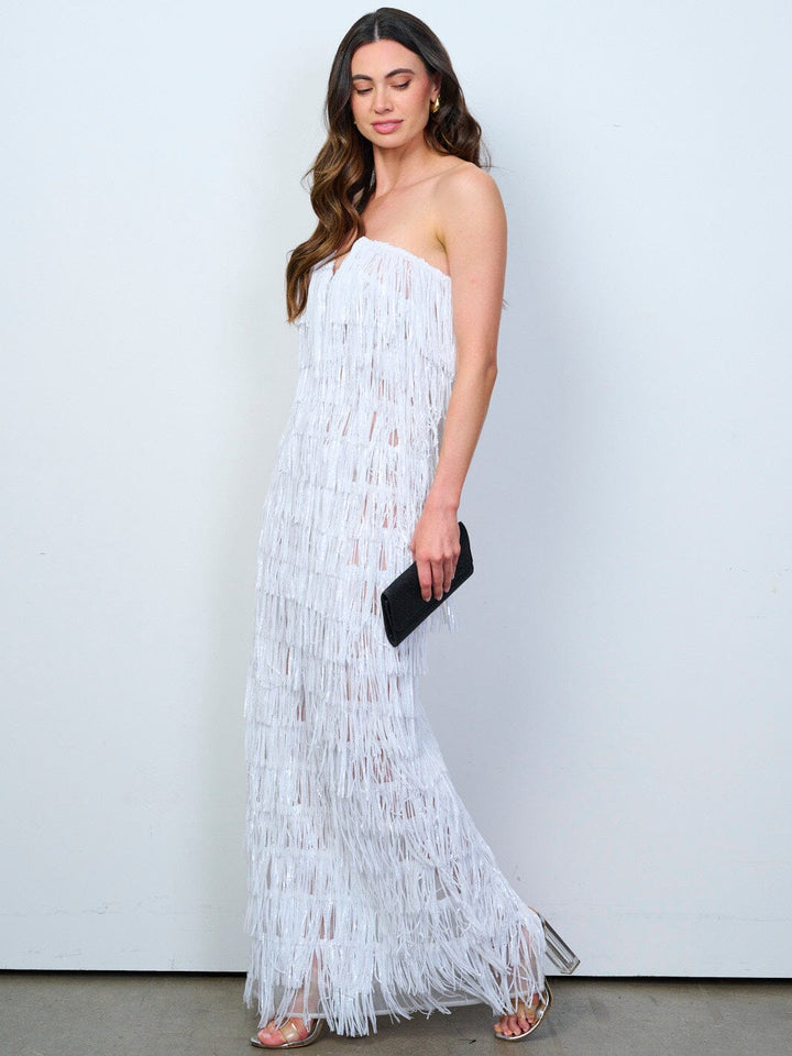WOMEN'S SLEEVELESS V-NECK TIERED FRINGE SEQUINS MAXI DRESS