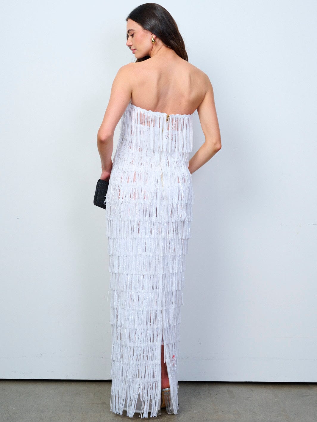 WOMEN'S SLEEVELESS V-NECK TIERED FRINGE SEQUINS MAXI DRESS