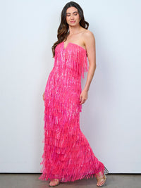 WOMEN'S SLEEVELESS V-NECK TIERED FRINGE SEQUINS MAXI DRESS