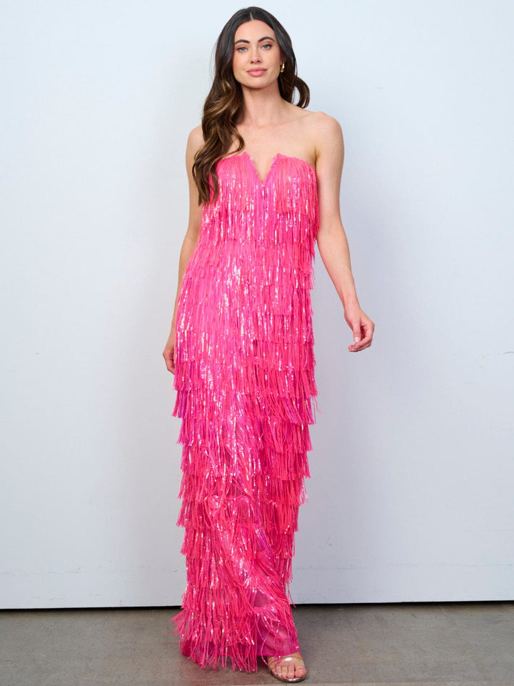 WOMEN'S SLEEVELESS V-NECK TIERED FRINGE SEQUINS MAXI DRESS