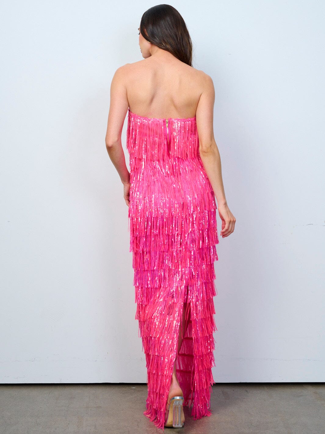 WOMEN'S SLEEVELESS V-NECK TIERED FRINGE SEQUINS MAXI DRESS