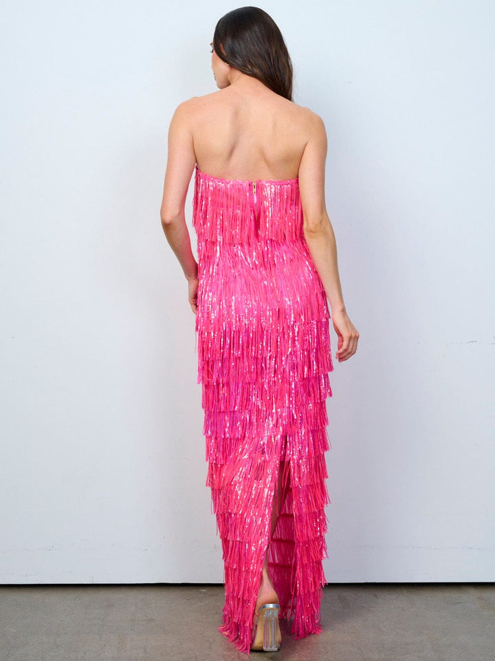 WOMEN'S SLEEVELESS V-NECK TIERED FRINGE SEQUINS MAXI DRESS