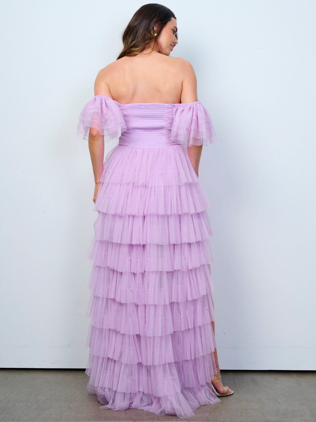 WOMEN'S OFF SHOULDER SMOCK TIERED RUFFLE HIGH-LOW MAXI DRESS