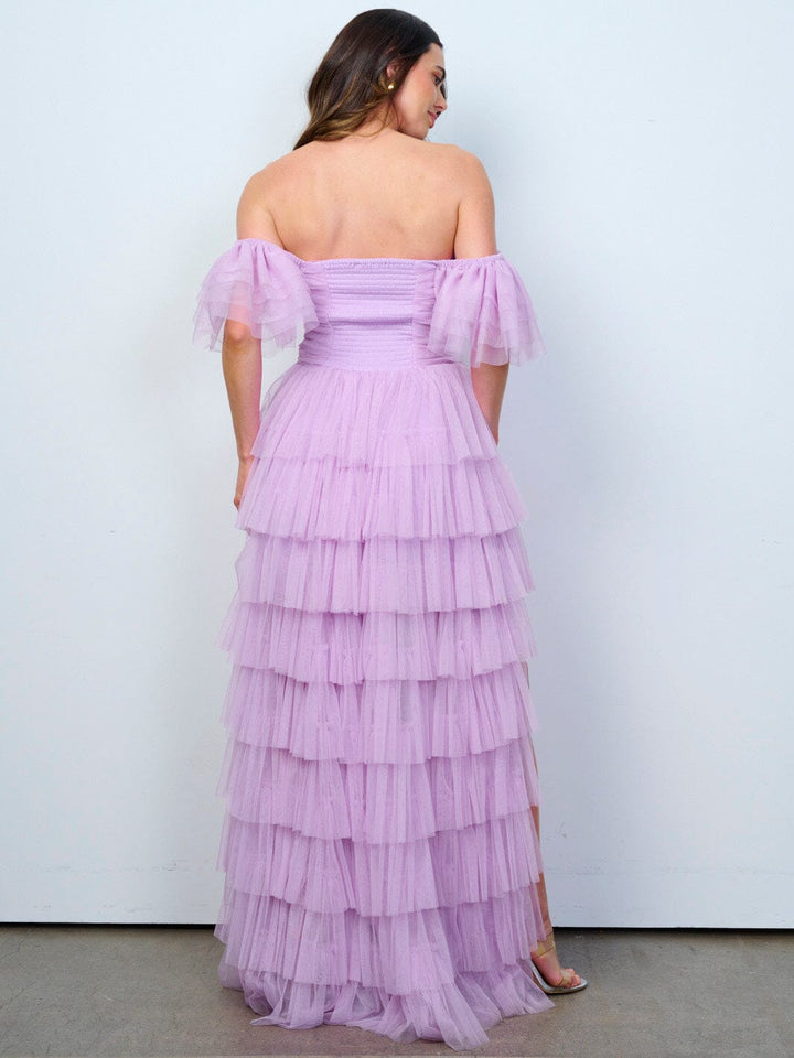 WOMEN'S OFF SHOULDER SMOCK TIERED RUFFLE HIGH-LOW MAXI DRESS