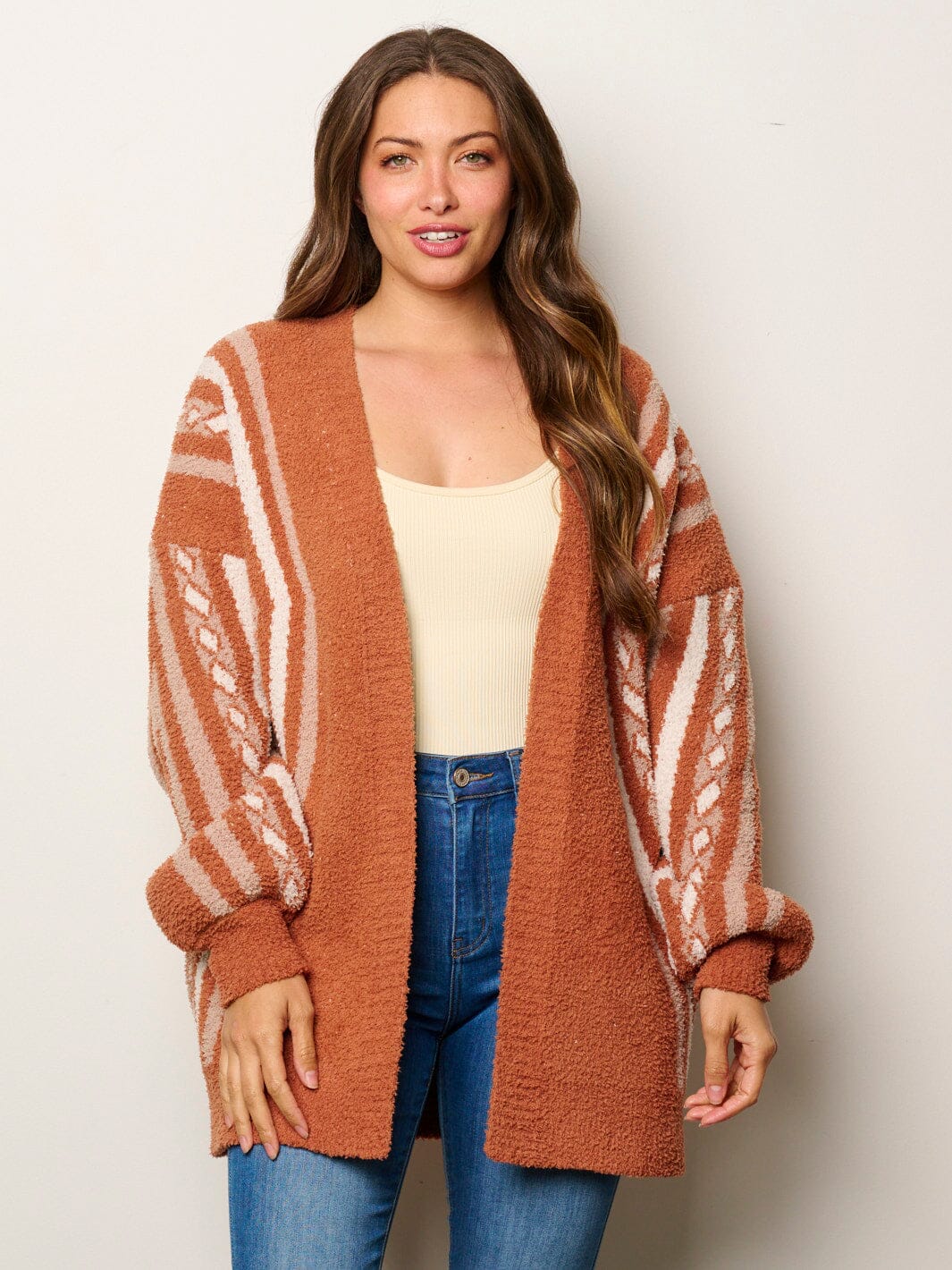 WOMEN'S LONG SLEEVE OPEN FRONT POCKETS MULTI PRINT CARDIGAN