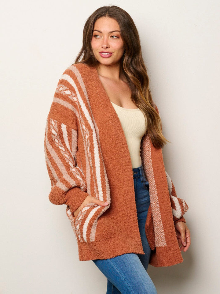 WOMEN'S LONG SLEEVE OPEN FRONT POCKETS MULTI PRINT CARDIGAN