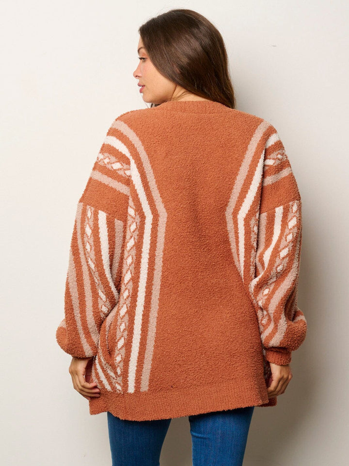 WOMEN'S LONG SLEEVE OPEN FRONT POCKETS MULTI PRINT CARDIGAN