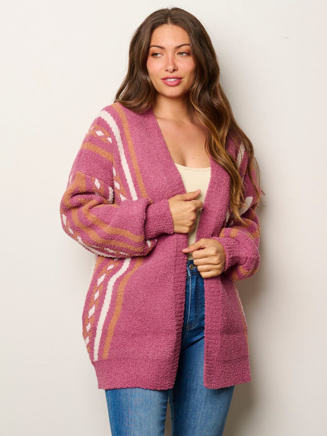 WOMEN'S LONG SLEEVE OPEN FRONT POCKETS MULTI PRINT CARDIGAN