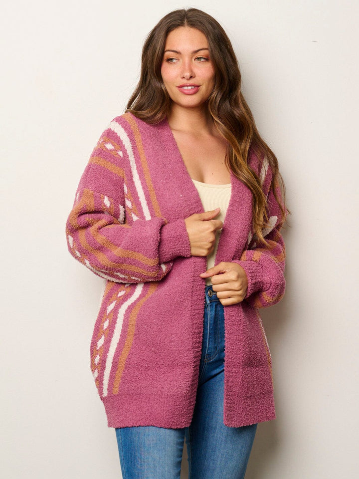 WOMEN'S LONG SLEEVE OPEN FRONT POCKETS MULTI PRINT CARDIGAN