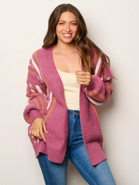 WOMEN'S LONG SLEEVE OPEN FRONT POCKETS MULTI PRINT CARDIGAN