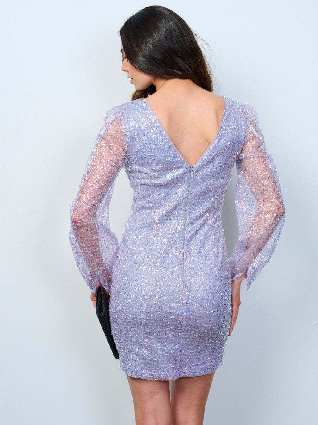 WOMEN'S LONG SLEEVES V-NECK BODYCON SEQUINS MINI DRESS