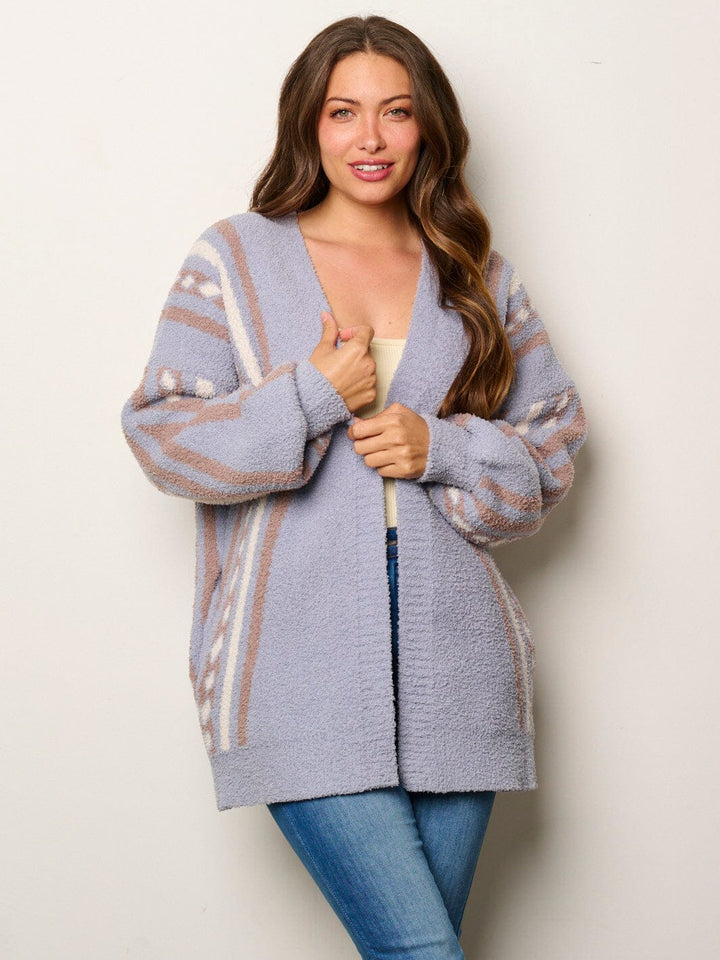 WOMEN'S LONG SLEEVE OPEN FRONT POCKETS MULTI PRINT CARDIGAN