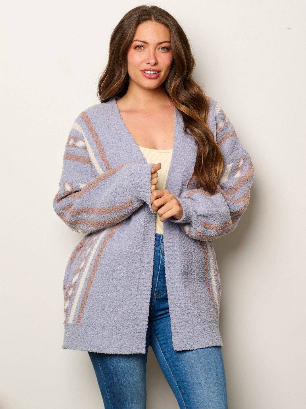 WOMEN'S LONG SLEEVE OPEN FRONT POCKETS MULTI PRINT CARDIGAN