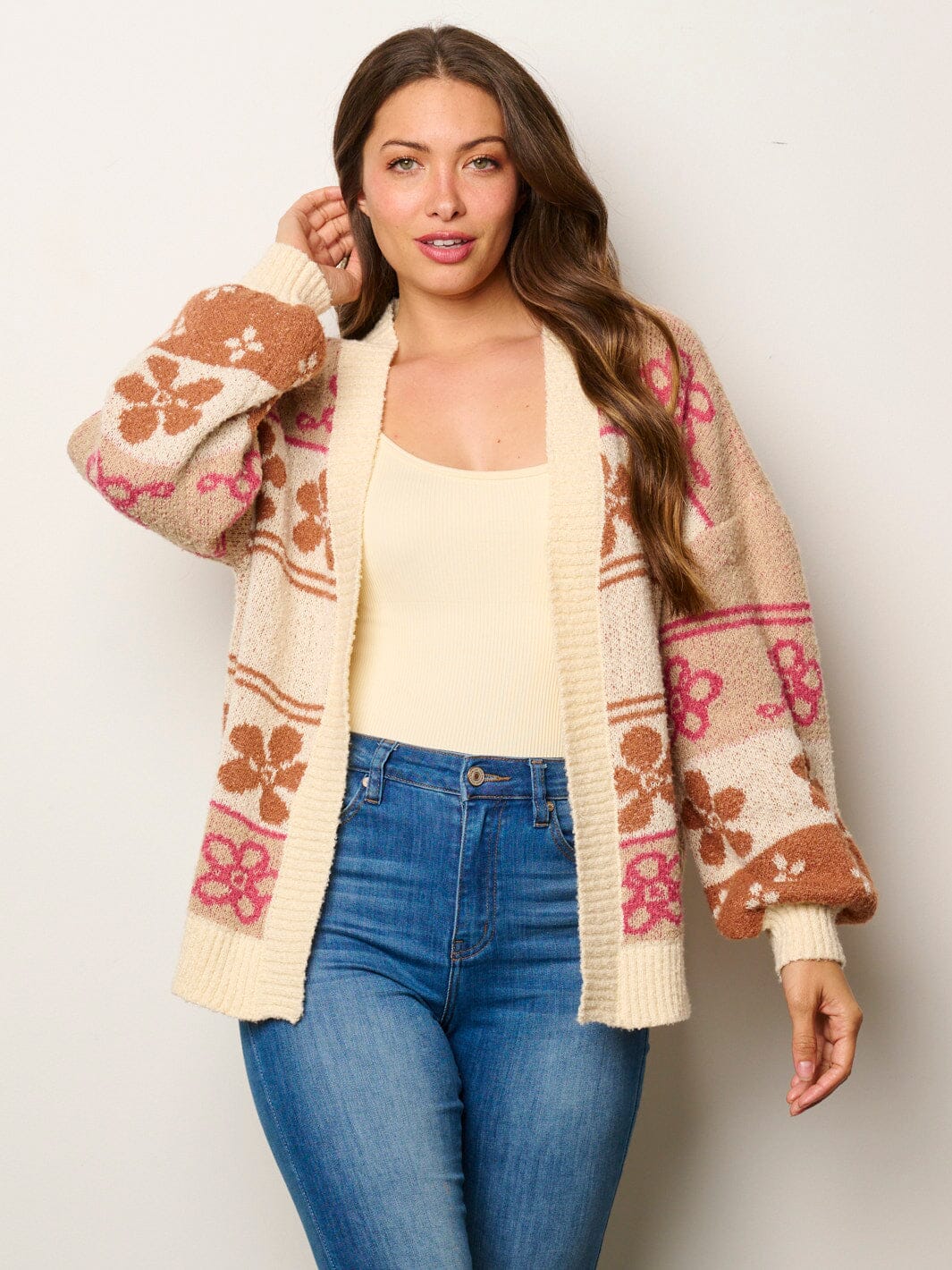 WOMEN'S LONG SLEEVE OPEN FRONT MULTI PRINT CARDIGAN SWEATER
