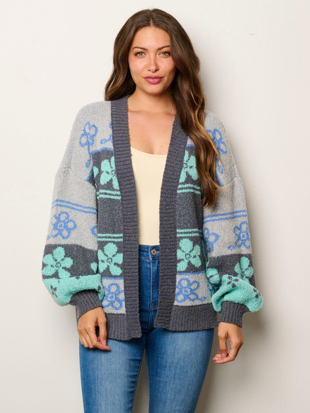 WOMEN'S LONG SLEEVE OPEN FRONT MULTI PRINT CARDIGAN SWEATER