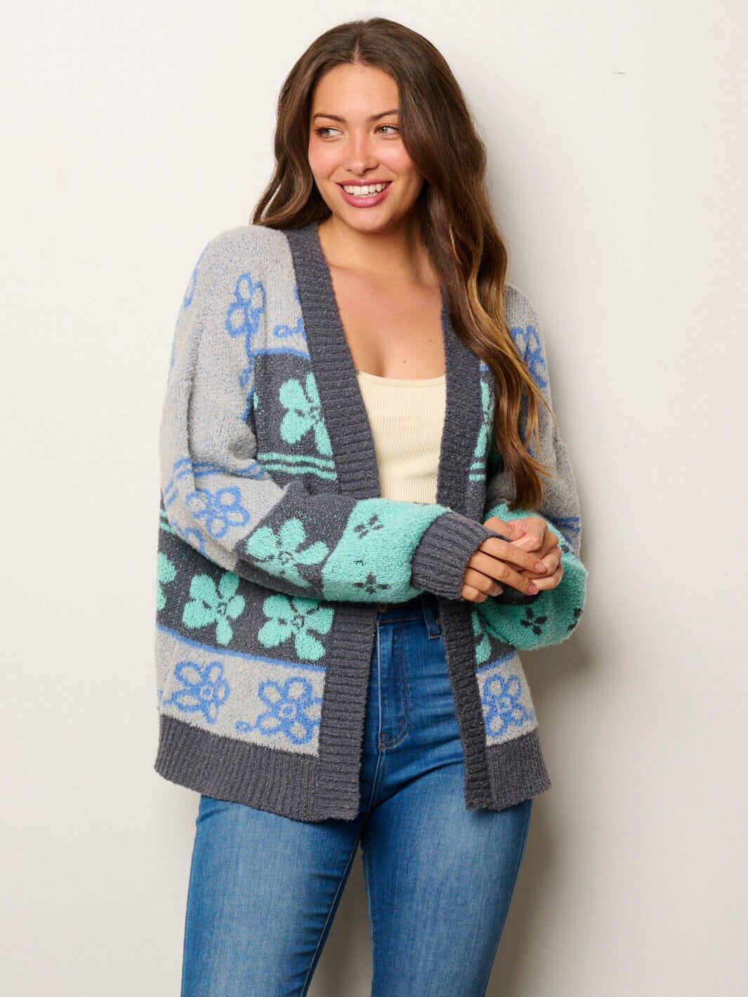 WOMEN'S LONG SLEEVE OPEN FRONT MULTI PRINT CARDIGAN SWEATER