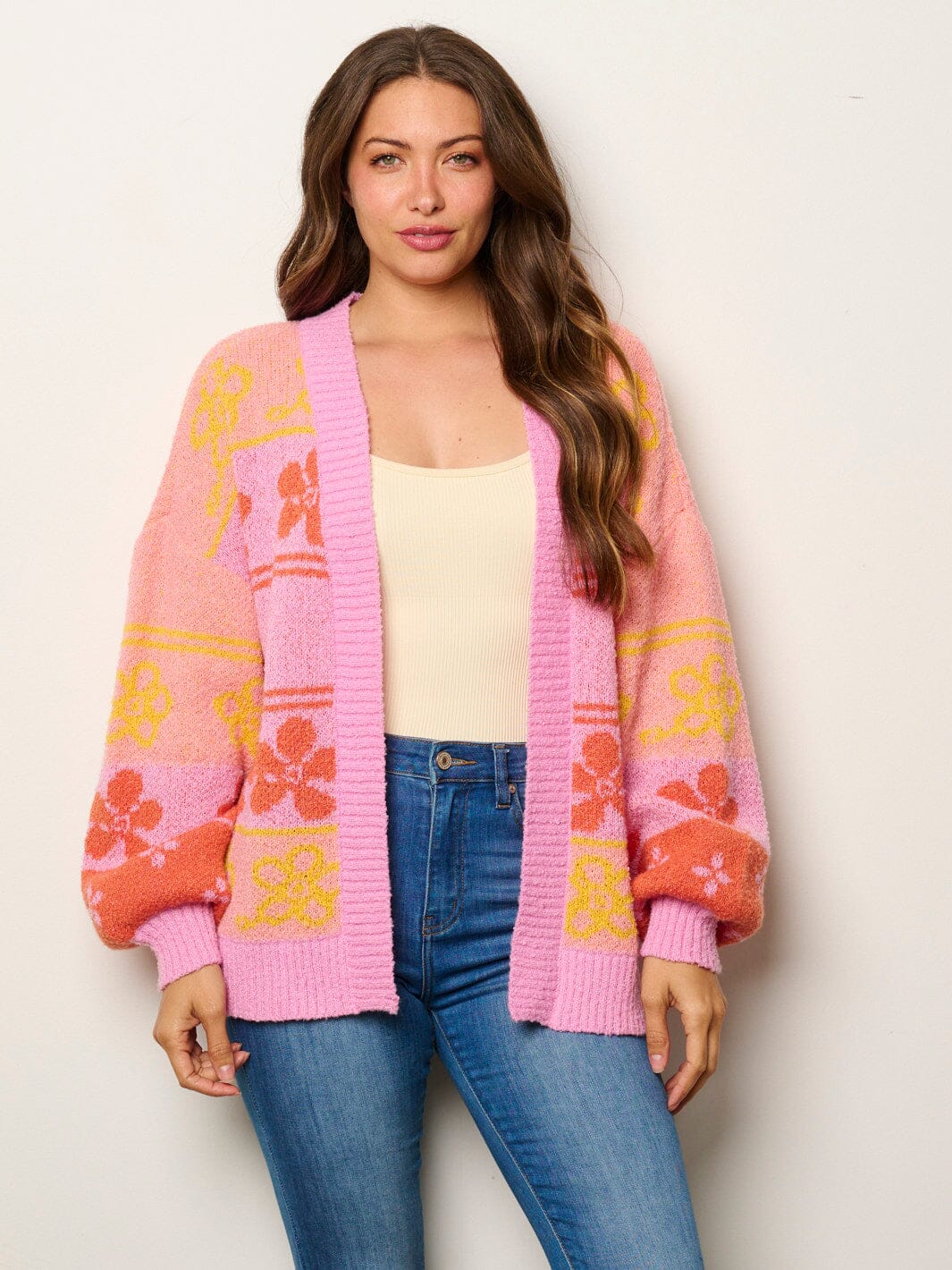 WOMEN'S LONG SLEEVE OPEN FRONT MULTI PRINT CARDIGAN SWEATER