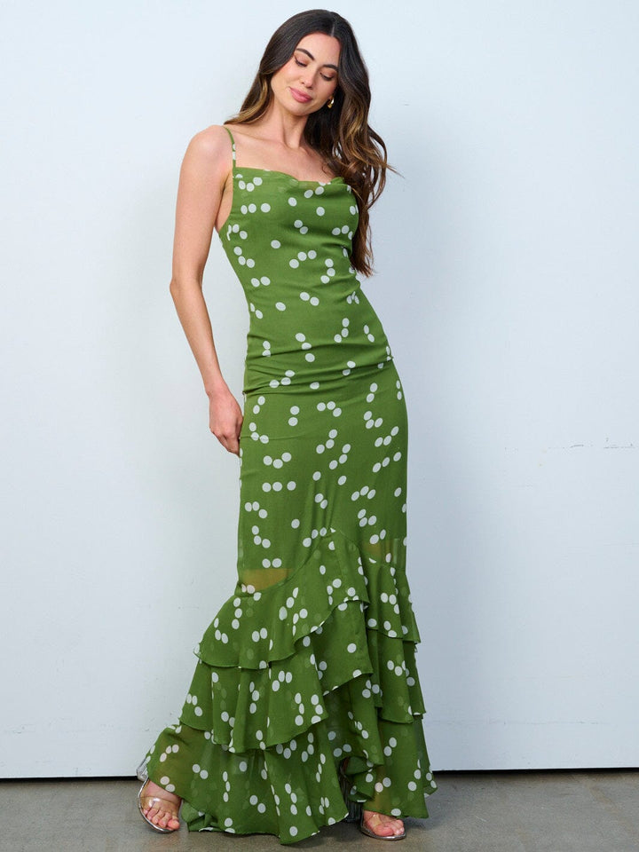 WOMEN'S SLEEVELESS RUFFLE BOTTOM HEM POLKA DOTS PRINT MAXI DRESS