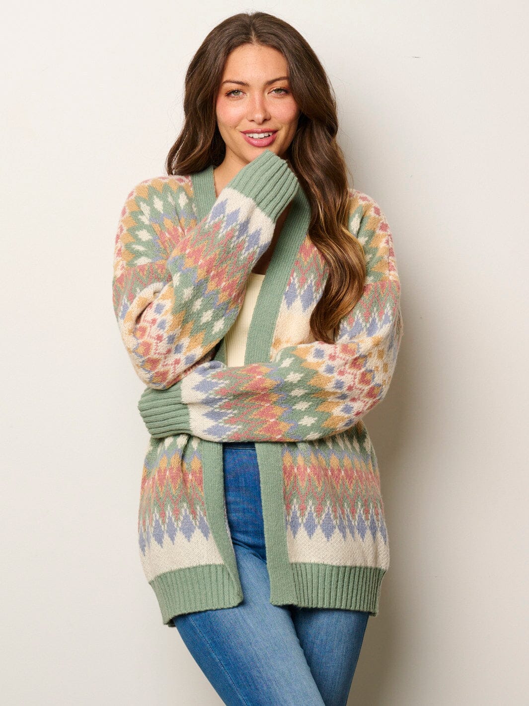 WOMEN'S LONG SLEEVE OPEN FRONT MULTI PRINT CARDIGAN SWEATER