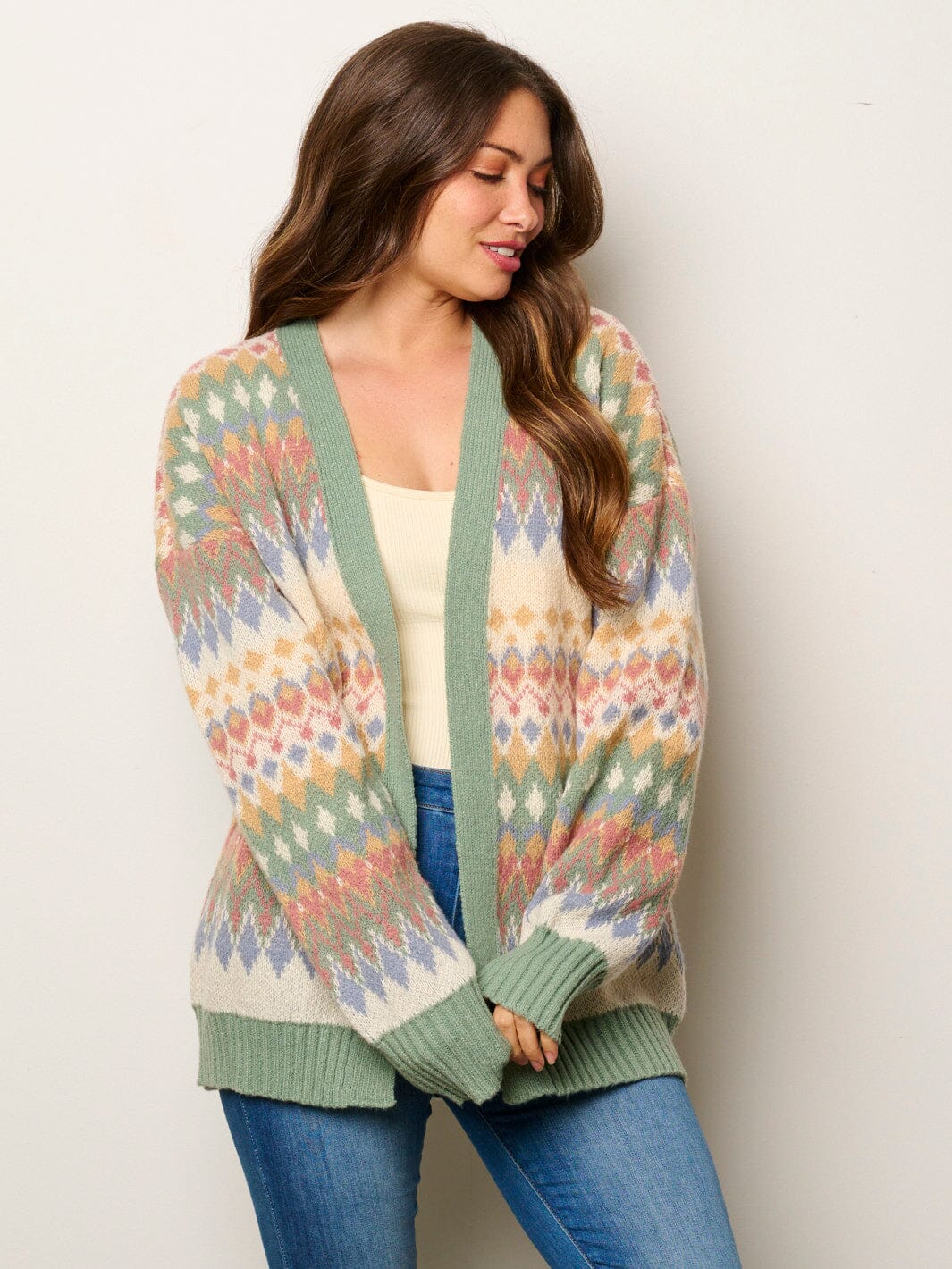 WOMEN'S LONG SLEEVE OPEN FRONT MULTI PRINT CARDIGAN SWEATER