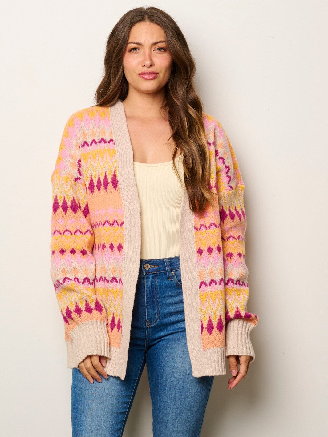 WOMEN'S LONG SLEEVE OPEN FRONT MULTI PRINT CARDIGAN SWEATER