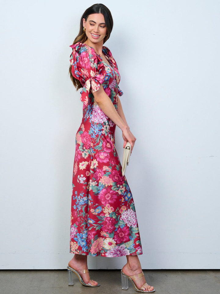 WOMEN'S SHORT PUFF SLEEVES V-NECK FLORAL MAXI DRESS