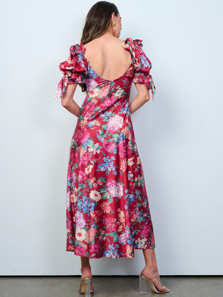 WOMEN'S SHORT PUFF SLEEVES V-NECK FLORAL MAXI DRESS