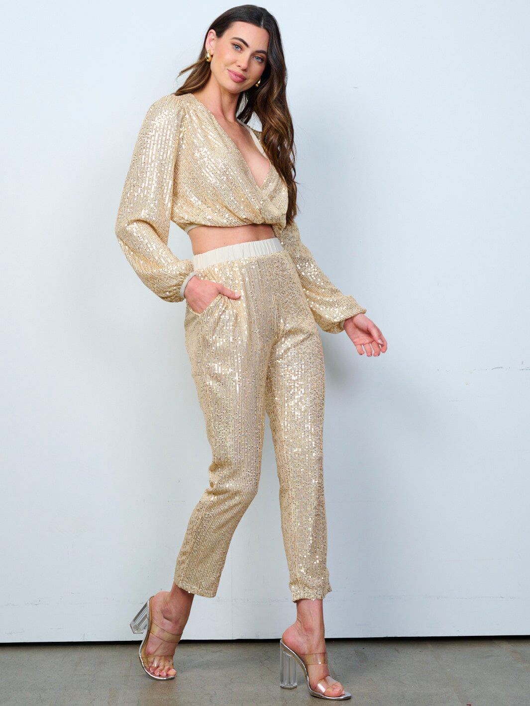 WOMEN'S LONG SLEEVE CROP TOP & SKINNY LEG PANTS SEQUINS 2PC. SET