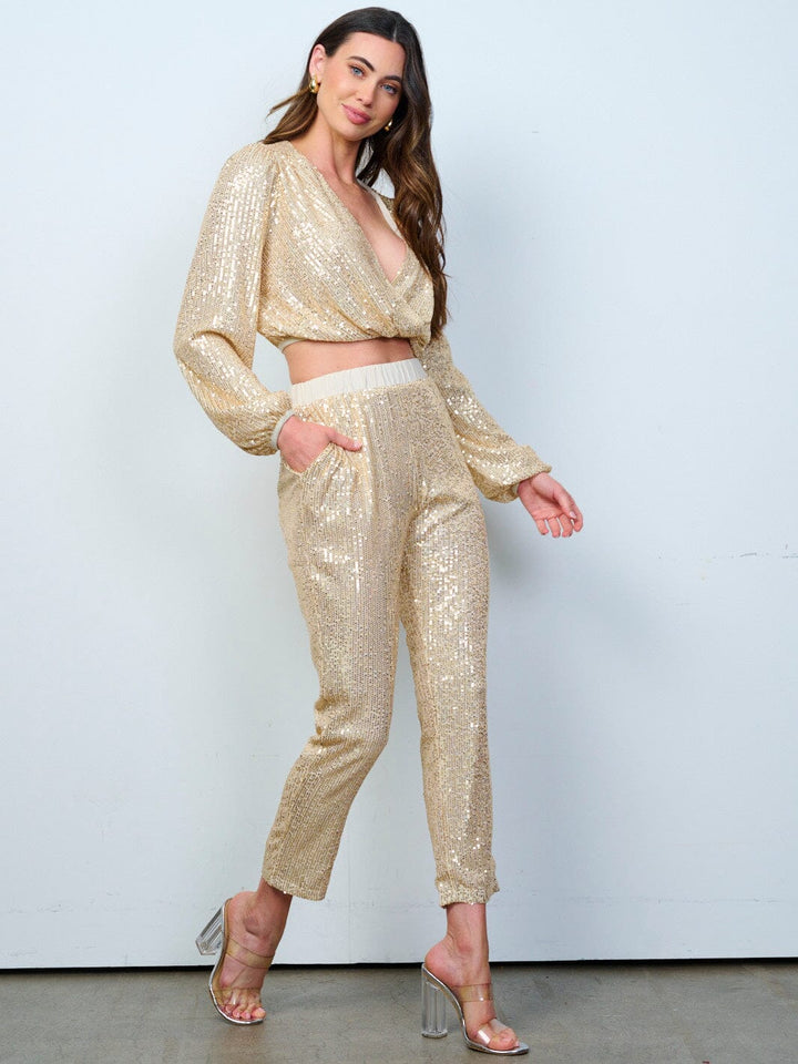 WOMEN'S LONG SLEEVE CROP TOP & SKINNY LEG PANTS SEQUINS 2PC. SET