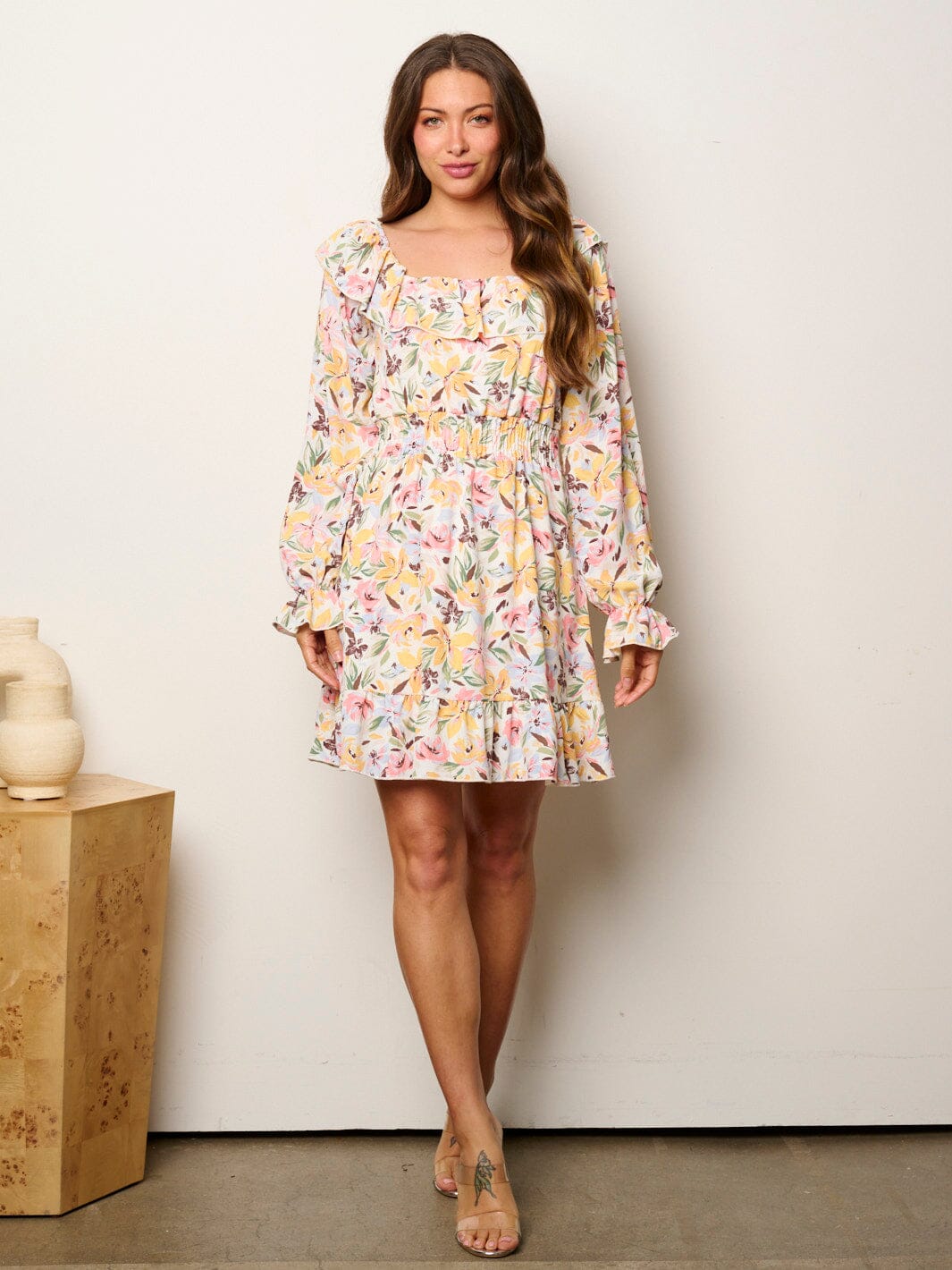 WOMEN'S LONG SLEEVE FIT & FLARE RUFFLE FLORAL MINI DRESS