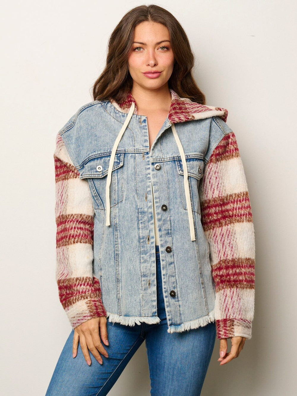WOMEN'S LONG SLEEVE BUTTON UP POCKETS SHERPA DENIM HOODED JACKET