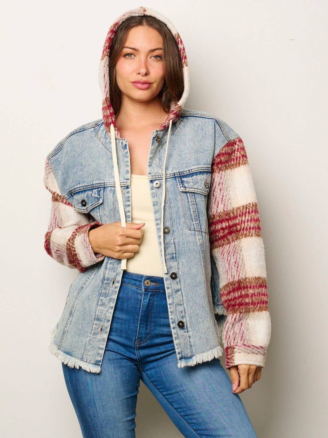 WOMEN'S LONG SLEEVE BUTTON UP POCKETS SHERPA DENIM HOODED JACKET