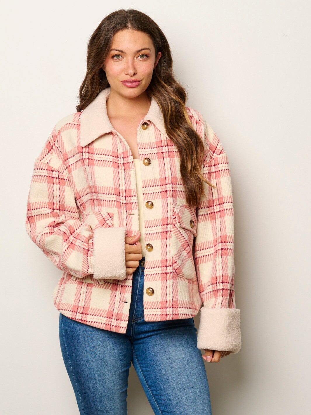 WOMEN'S LONG SLEEVE BUTTON UP POCKETS SHERPA PLAID JACKET