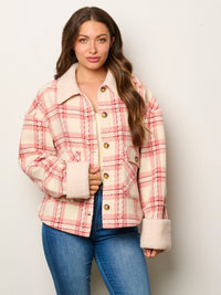 WOMEN'S LONG SLEEVE BUTTON UP POCKETS SHERPA PLAID JACKET