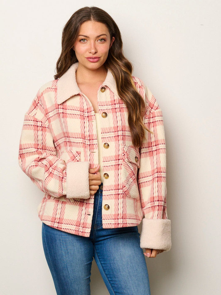 WOMEN'S LONG SLEEVE BUTTON UP POCKETS SHERPA PLAID JACKET