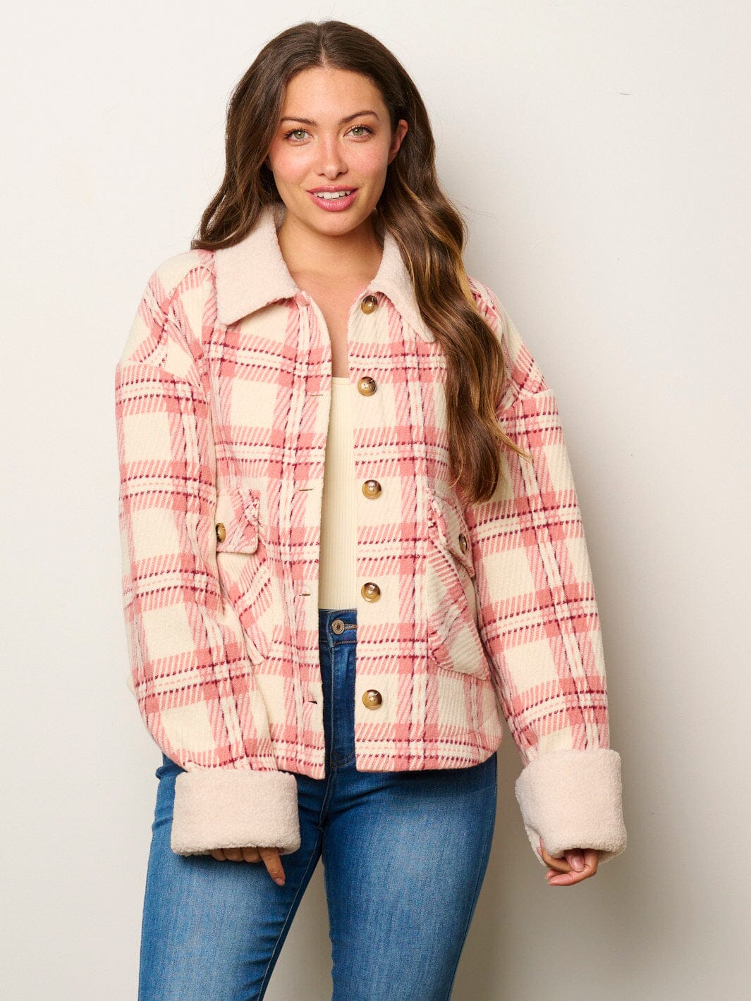 WOMEN'S LONG SLEEVE BUTTON UP POCKETS SHERPA PLAID JACKET
