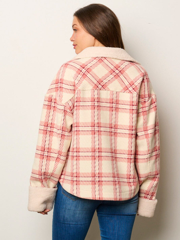 WOMEN'S LONG SLEEVE BUTTON UP POCKETS SHERPA PLAID JACKET