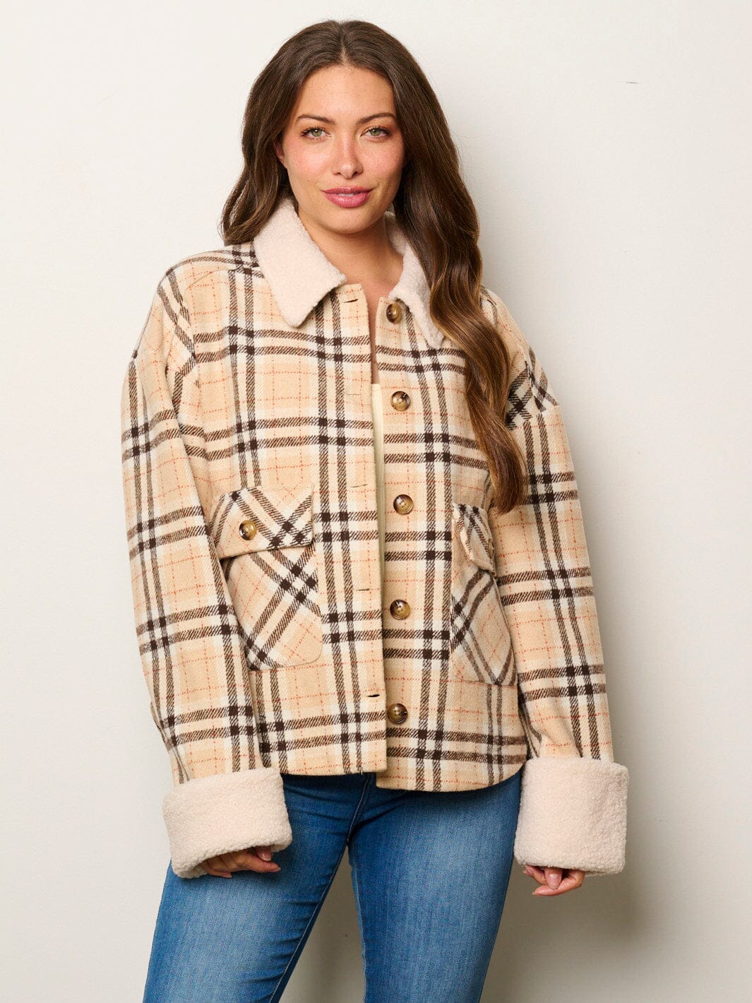 WOMEN'S LONG SLEEVE BUTTON UP POCKETS SHERPA PLAID JACKET
